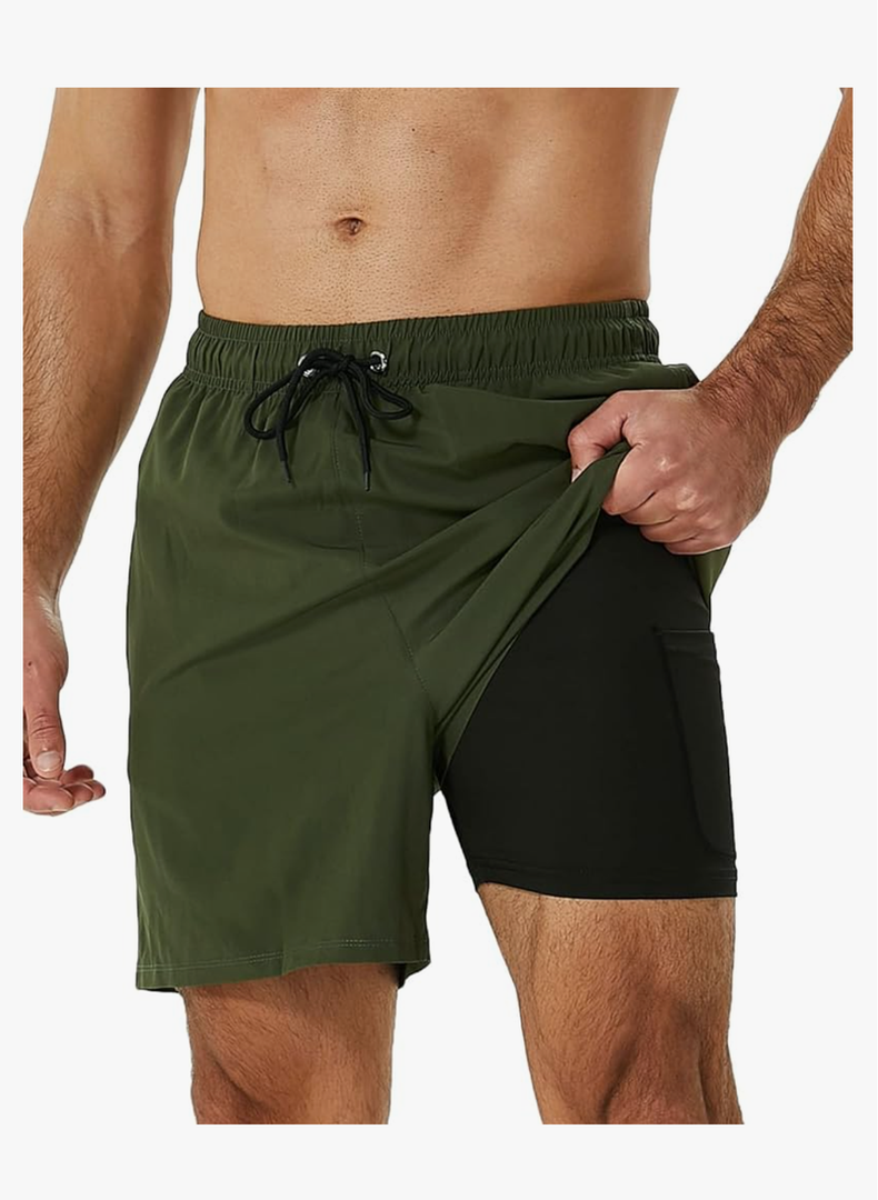 SILKWORLD Men's Swimming Trunks with Compression Liner 2 in 1 Quick-Dry Swim Shorts with Zipper Pockets XL