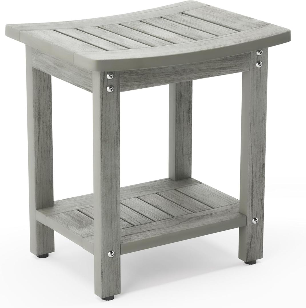 LUE BONA HDPS Shower Bench Seat, Shower Stool for Inside Shower Waterproof, Bath Spa Shower Foot Stool for Shaving Legs with Storage Shelf, Weather Resistant/Non-Slip/Indoor or Outdoor Use, Gray (Grey)