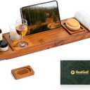 Teak Bathtub Tray, Bath Caddy with Wine Glass Holder, Phone Dock & Book Stand | Hands-Free Reading & Ultimate Spa Relaxation Experience-Natural