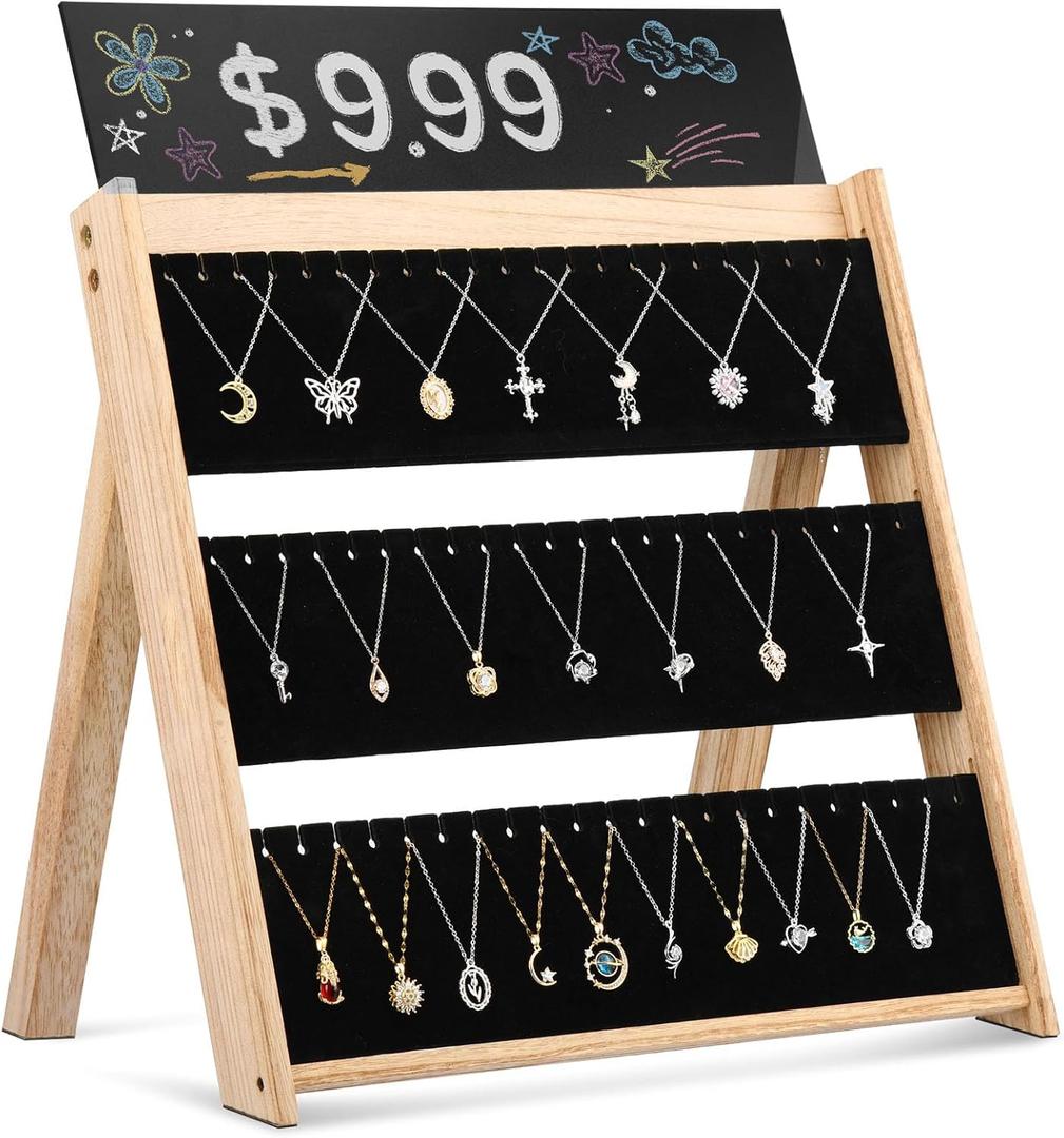 Necklace Display for Vendors, 3 Tier Foldable Jewelry Display Stand with 66 Slots, Wooden Chain Necklace Holder with Velvet for Selling, Jewelry Storage Organizer for Craft Show