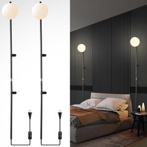 Long Wall Sconces Set of Two, Plug in Wall Sconces Globe Shade Indoor Wall Light, Wall Mounted Lamp with Plug in Switch, Wall Lamp for Bedroom Living Room Study Hallway Bedside Corner