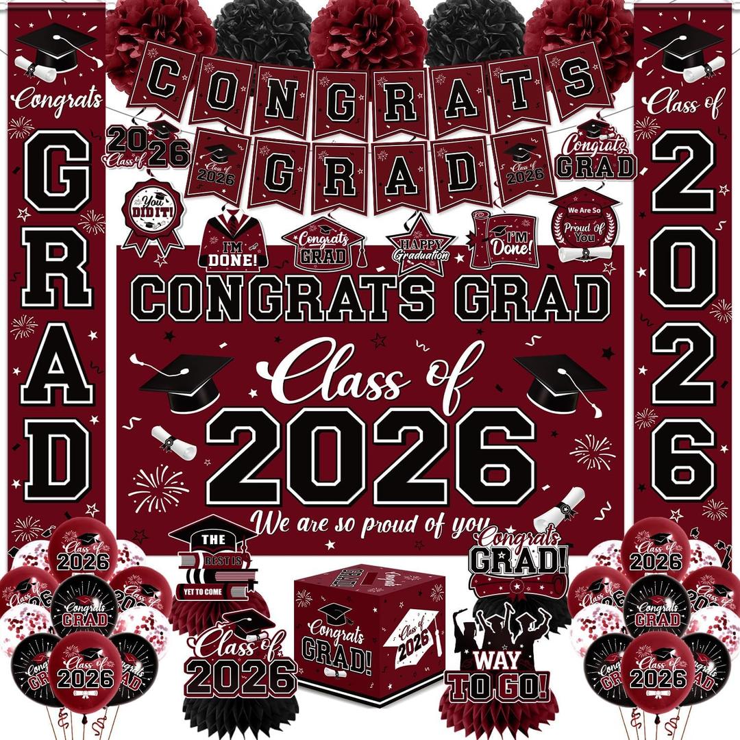 Graduation Decorations 2026 Maroon Party Decor Set with Congrats Grad Banner, Class of 2026 Backdrop, Balloons, Box & Streamers Supplies for High School & College Celebrations
