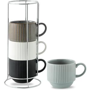 Hasense Large Coffee Mug Set of 4 with Rack - 15 oz Stacking Ceramic Ribbed Latte Cups Set for Cappuccino, Tea, Hot Cocoa, Drinks - Dishwasher & Microwave Safe Assorted Colors (15 Ounces, Mix-Color2)