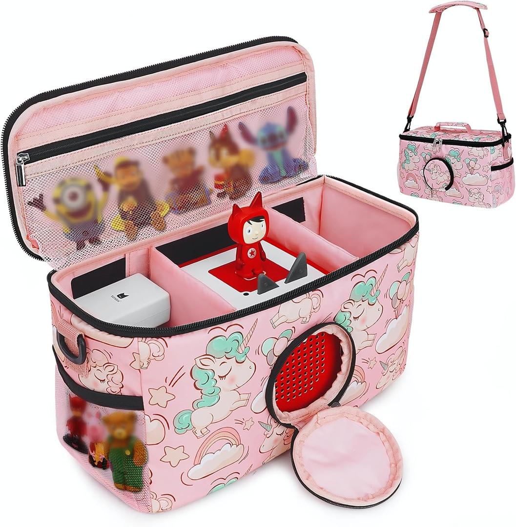 Portable Carrying Case for Toniebox Starter Set and Accessories - Compatible Travel Bag for Tonies Figure Characters Charging Station Headphones -Girls Kids Pink Unicorn Tonie Box Carry Case