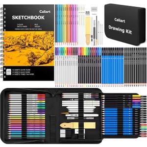 Caliart 176PCS Art Supplies Sketching Kit with 100 Sheets 3-Color Sketch Book, Graphite Colored Charcoal Watercolor & Metallic Pencils, Drawing Set Christmas Gifts for Adults Teens Girls Boys Kids (Black)