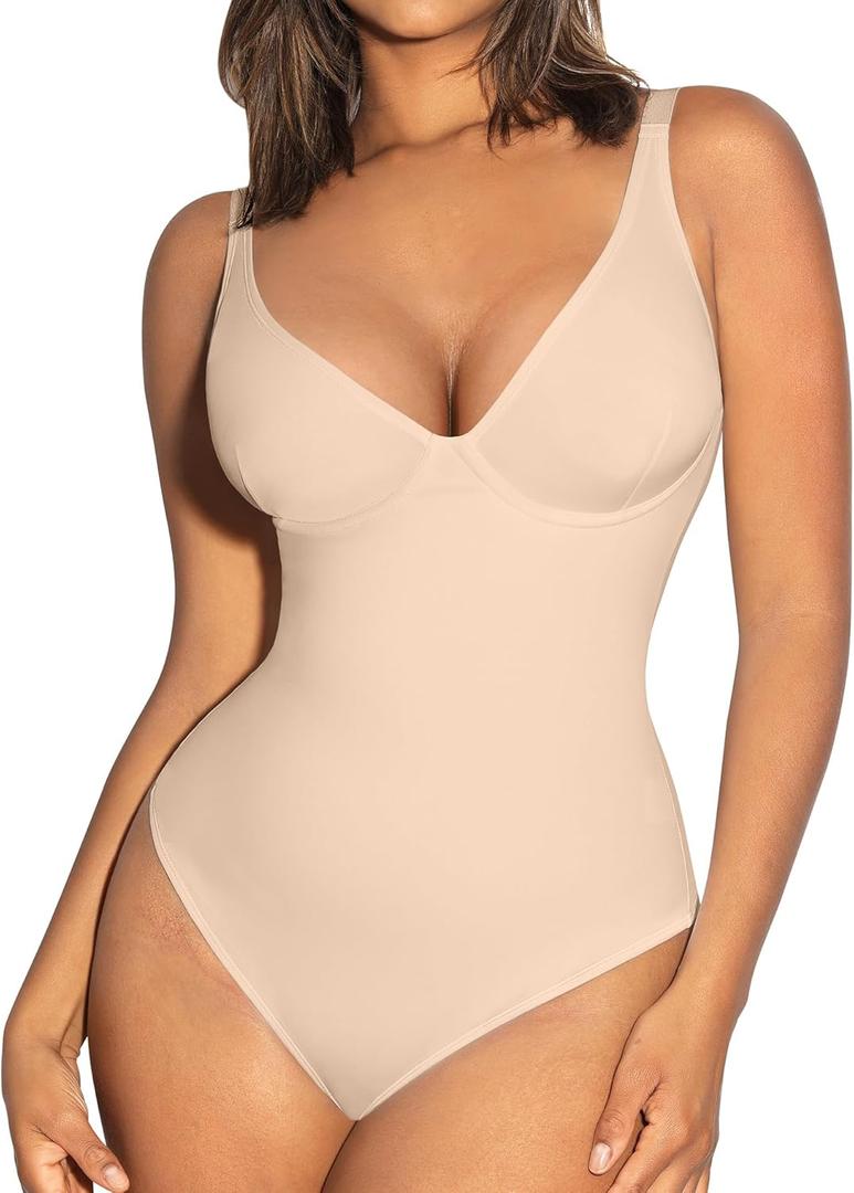FeelinGirl Shapewear Bodysuits for Women Tummy Control Body Suits Deep V Neck Thong Body Shaper (Large, Nude)