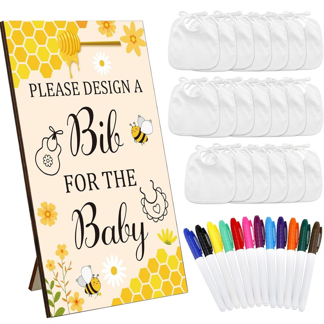 Panitay 43 Pcs Baby Shower Games White Bibs Design, Include Wooden Baby Shower Game Sign, 30 DIY Blank White Bibs, 12 Markers for Gender Reveal Party Decorating Supplies(Honeycomb)