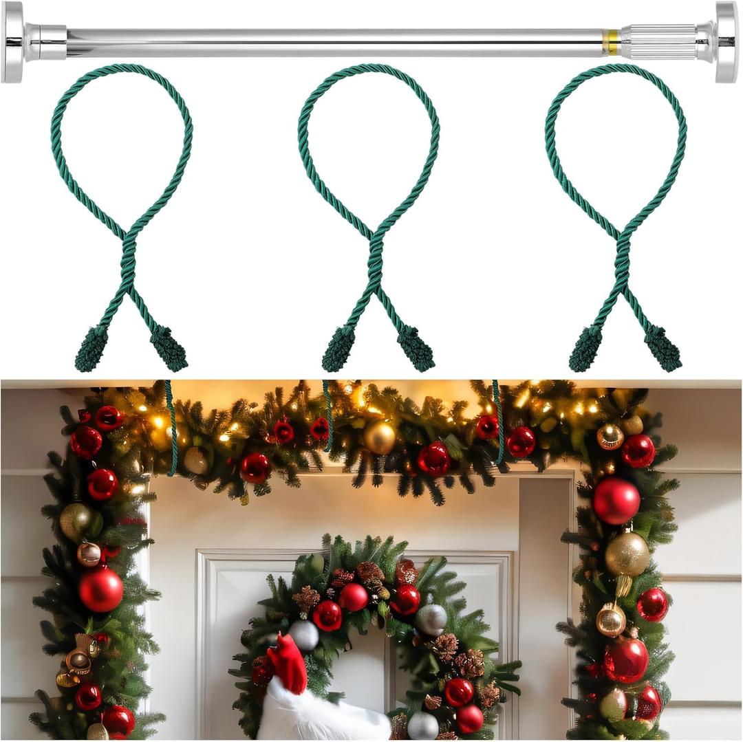 Leinuosen Christmas Front Door Garland Hanger 43-74 Inch Adjustable Christmas Wreath Hanger Stainless Steel Retractable Rod with 3 Green Tie Ropes No Nail Screw No Damage for Xmas DIY Hanging(Silver)