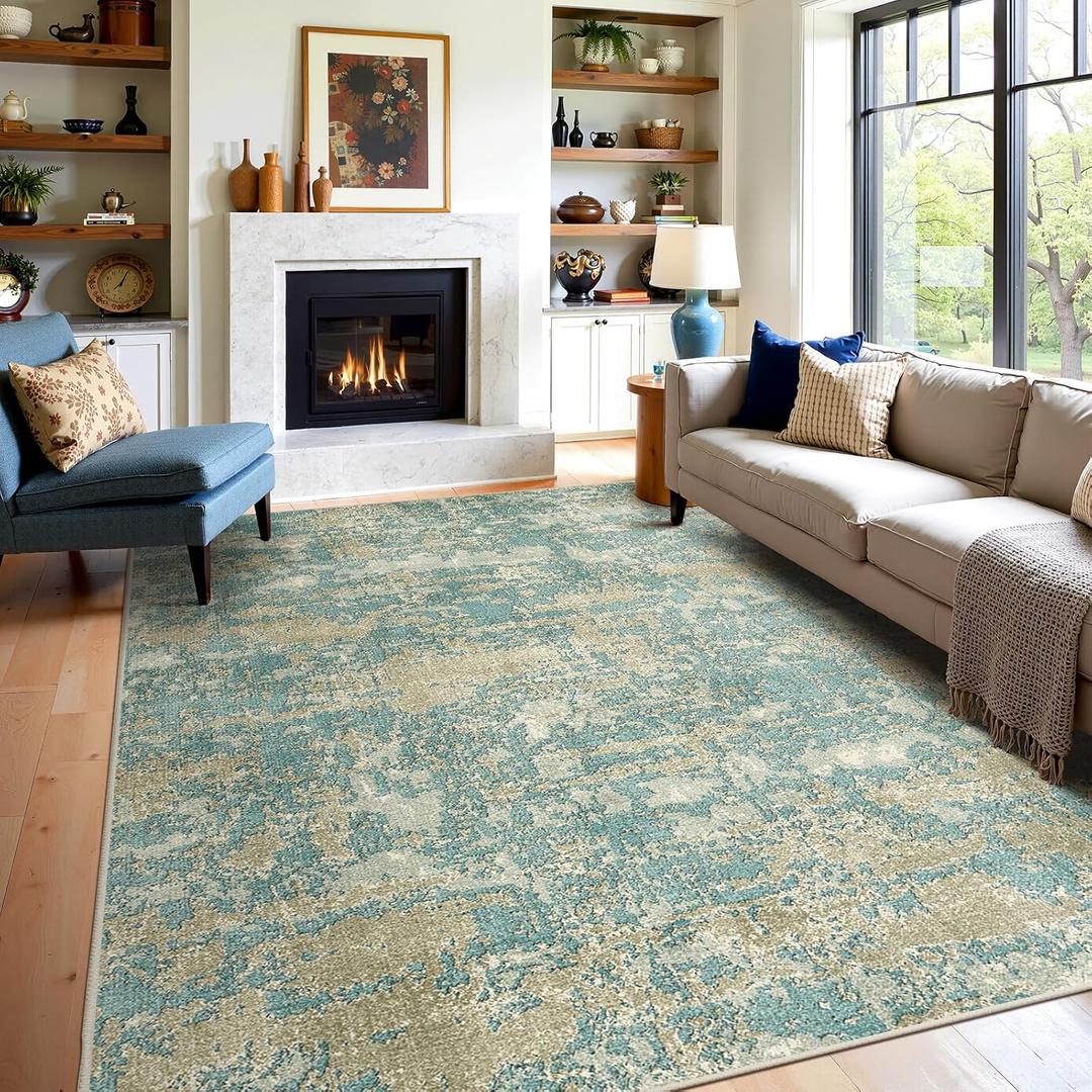 WITSHOCK Living Room Area Rugs 8x10Modern Abstract Machine Washable Large Rug for Bedroom Dining Room Non-Slip Stain Resistant Home Office Decor,Teal Brown