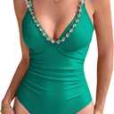 RIHOAS Women's One Piece Swimsuit, Gold Rhinestone Necklace, Postpartum Tummy Control Ruched Deep V Neck Bathing Suit (Green, XL)
