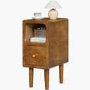 Narrow Nightstand, Solid Wood Night Stand with Drawers, Walnut Mid Century Modern Nightstand, Small Beside Table with Open Storage Shelf for Bedroom (10 inch)