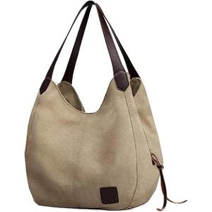 Women Canvas Hobo Purse Multi Pocket Handbags Shoulder Bags Totes Purses (Khaki)