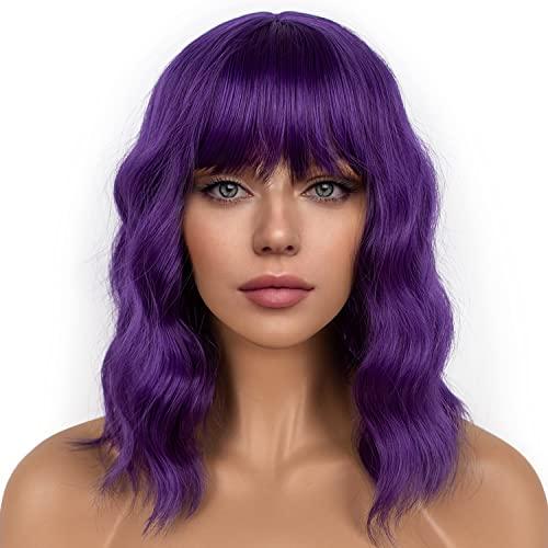 LANCAINI Dark Purple Short Bob Wigs with Bangs for Women Loose Wavy Wig Curly Wavy Shoulder Length Bob Synthetic Cosplay Wig for Girl Colorful Costume Wigs