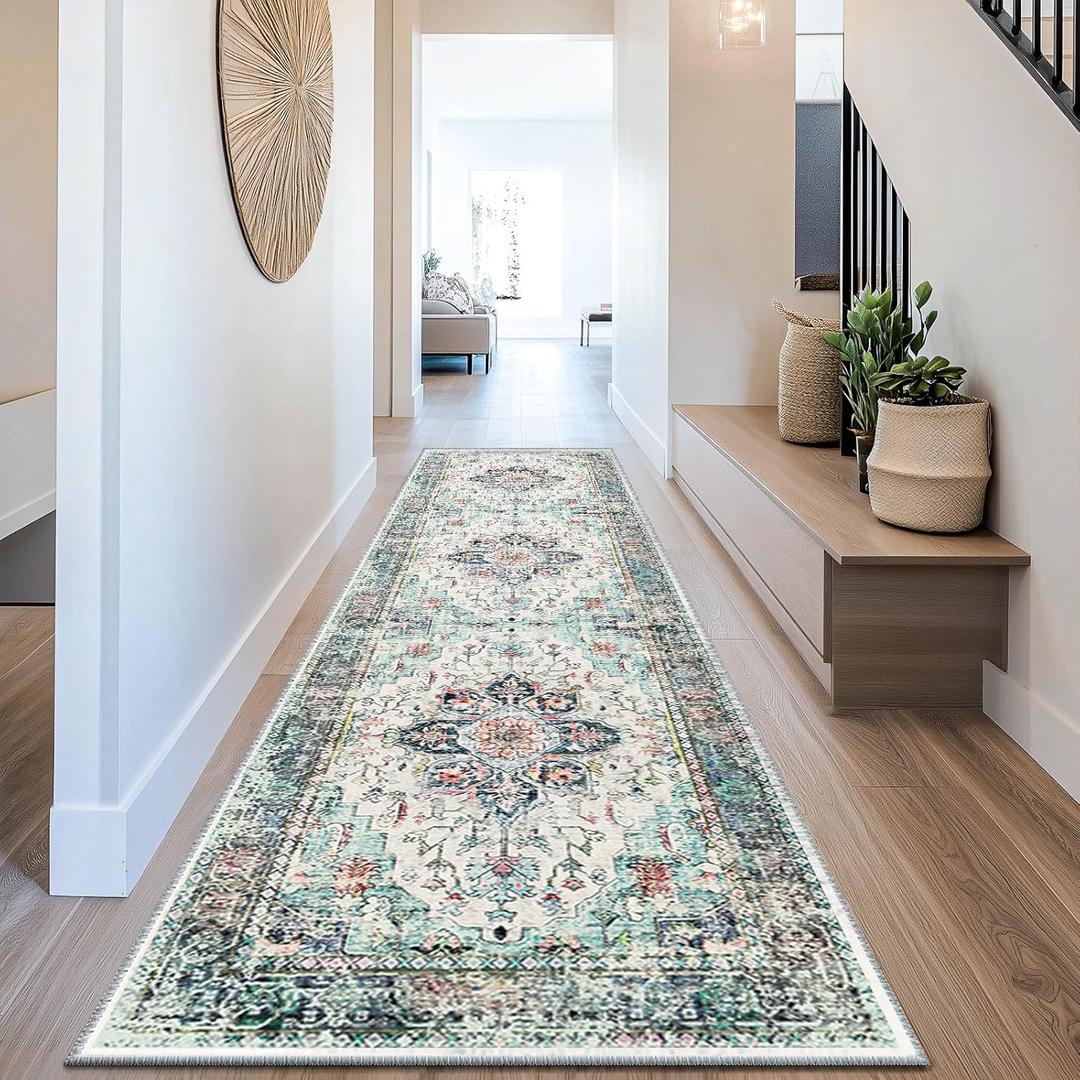 BESTSWEETIE 2x8 Area Rug Washable Rugs for Living Room, No Pile Boho Carpet for Entryway Bedroom Dinning Room, Vintage Carpet Print Distressed Non-Slip, 2 x 8 ft, Multi Navy Teal