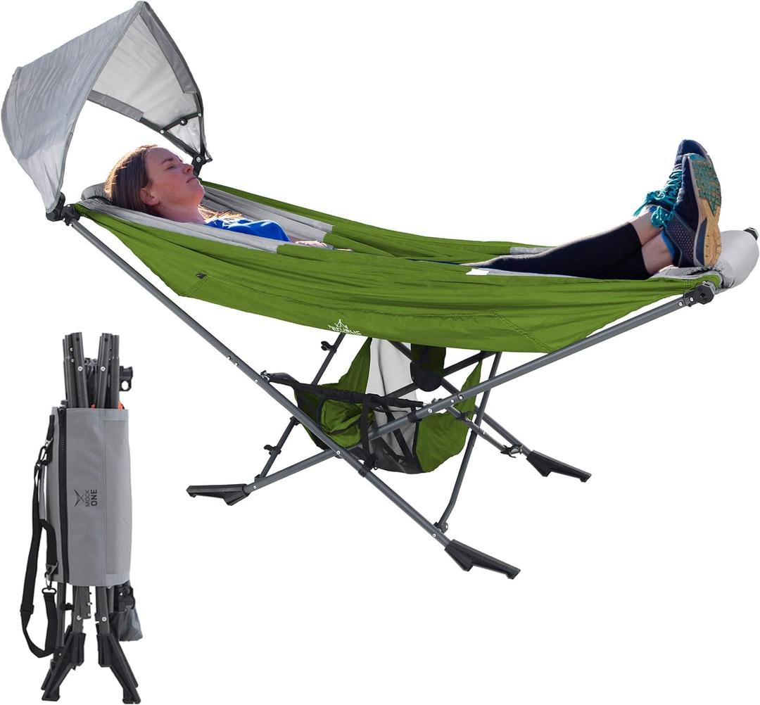 Portable Hammock with Stand, World's Best Mock ONE Hammock, Compact Folding Framed Hammock with Adjustable Sunshade Canopy for Park, Backyard, Garden, Camping, Hiking, Mountaineering, Beaches- Green