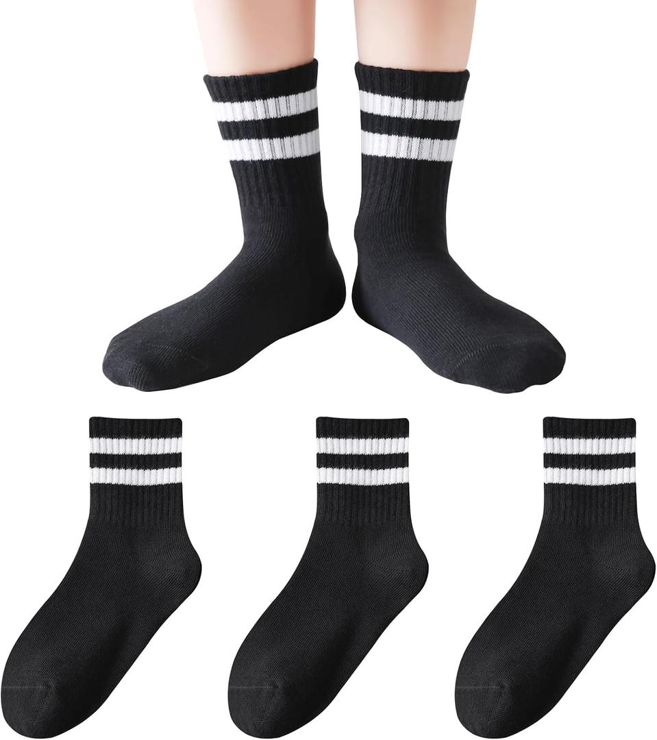 Kids Socks Boys Girls Crew Socks Seamless Cotton Ankle Athletic Socks with Retro Stripes 3/5 Pairs (Black)