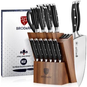 BRODARK Kitchen Knife Set: Full Tang 15 Pcs Professional Chef Knife Set with Sharpener, Razor-sharp Knives Set for Kitchen, German Stainless Steel Knife Block Set, Gift Box for Men Women