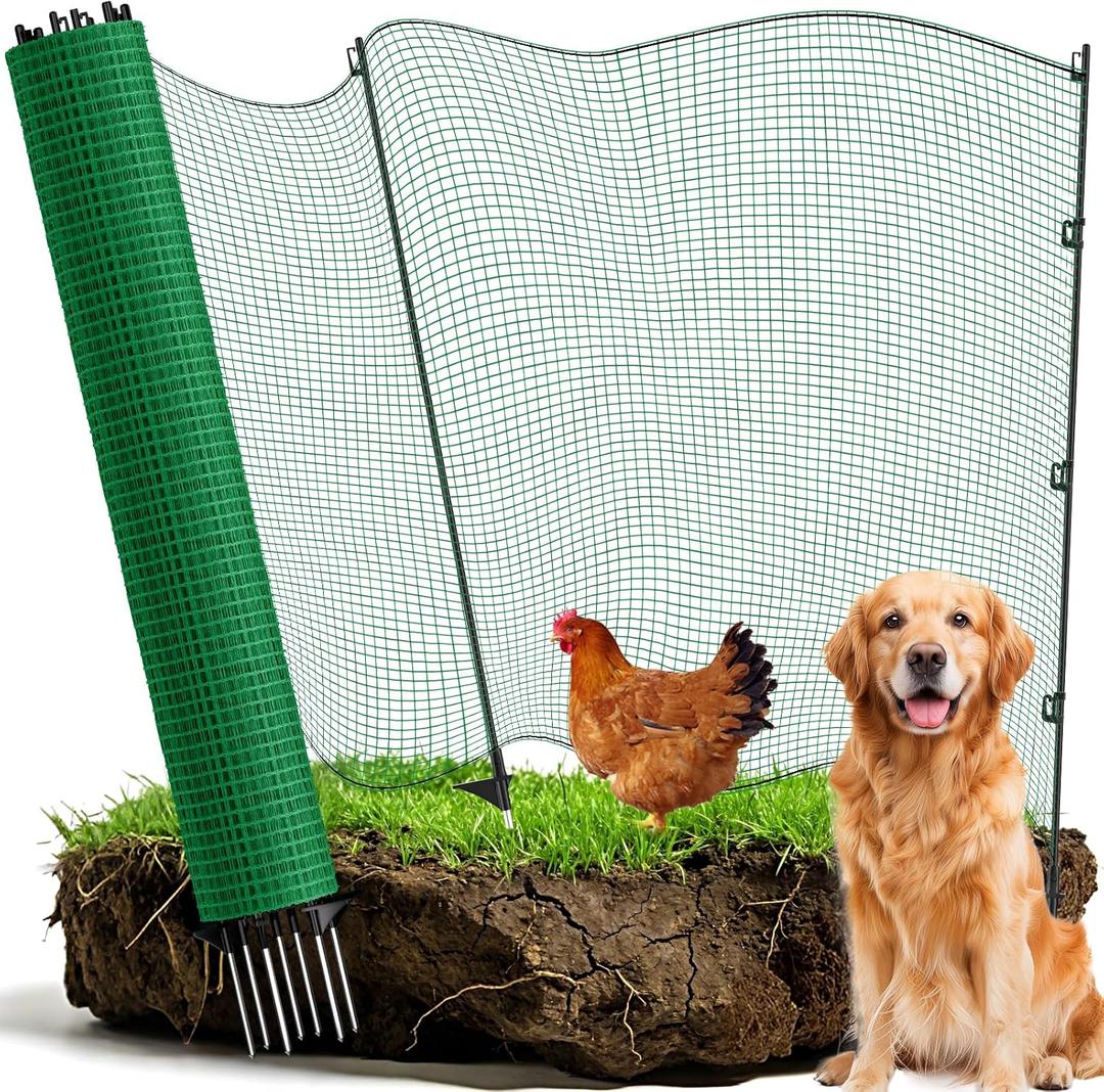 Temporary Fence with Posts, 4‘x50‘ Animal Barrier Dog Portable Fencing with Fiberglass Stake Windbreak Rope, Safety Snow Plastic Netting Roll for Garden Backyard Outdoor Protect