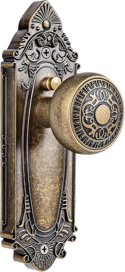 Antique Brass Door Knob Privacy Bedroom Bathroom with Lock, Vintage Interior Door Handle with Plate for Hallway, Closet, Farmhouse Style(1 Pack)