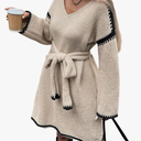 Womens Color Block Sweater Dress with Belt, Rolled Hem, Long Sleeve, V Neck, Knee Length, A Line, Oversized Knit Dress Fall(size S)