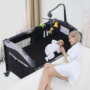 Jaoul 5 in 1 Baby Crib, Bassinet Beside Sleeper, Pack and Play with Bassinet and Changing Table Portable Travel Baby Playpen with Toys & Music Box, Mattress for Girl Boy Infant Newborn Black