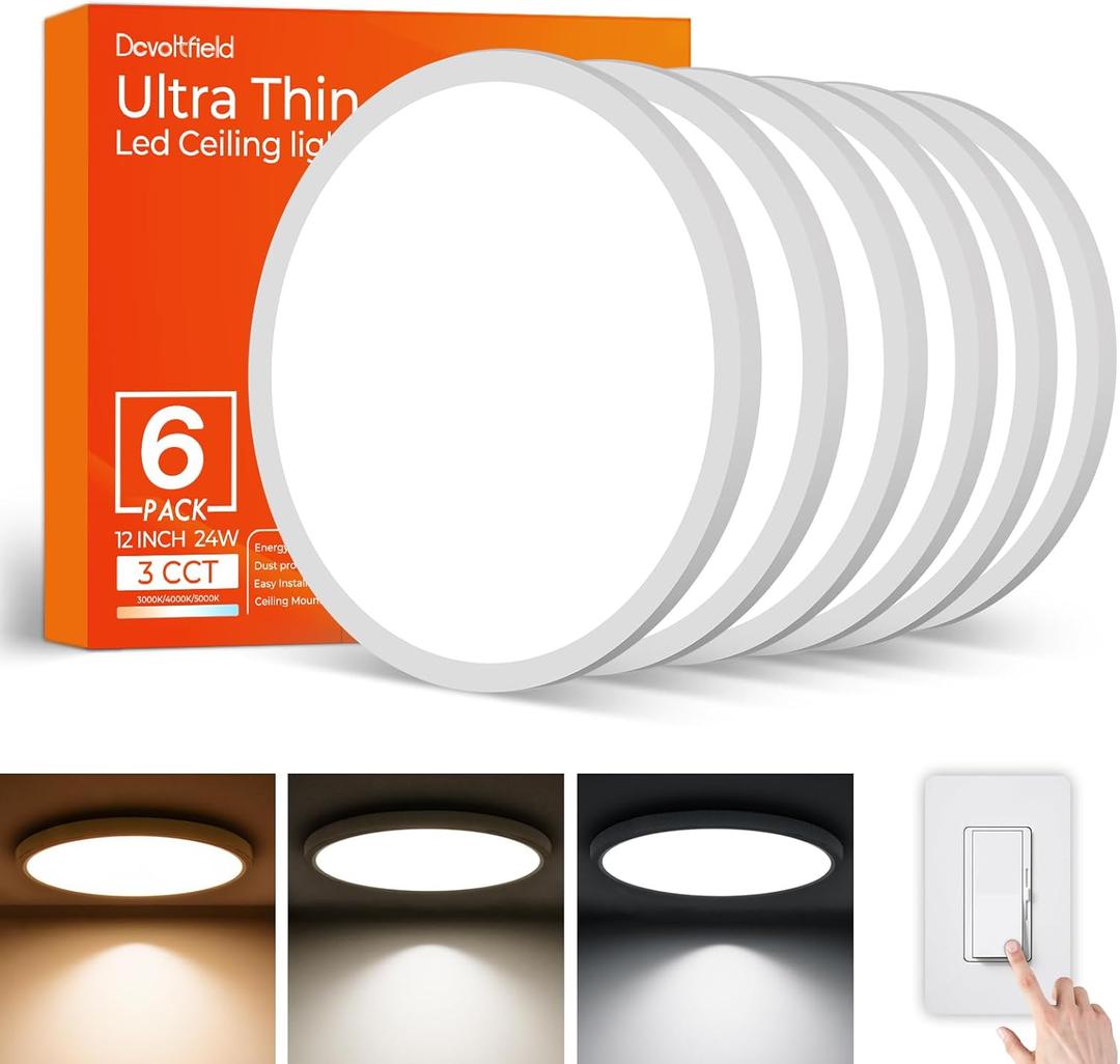 6Pack 12Inch LED Flush Mount Ceiling Light Fixture, 24W 2400LM, Dimmable CCT 3000K/ 4000K/ 5000K, Round Flat Panel Light for Bedroom, 0.7Inch Thin Modern Low Profile Ceiling Lights for Hallway, Porch