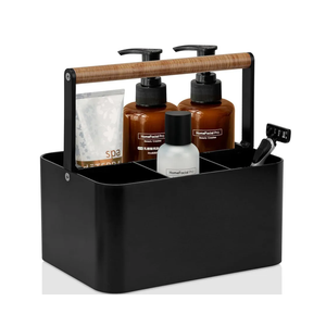Portable Shower Caddy Dorm: Bathroom Caddy Organizer with Handle and Adjustable Dividers, Plastic Shower Basket for Toiletry, Makeup, Vanity, Shower Storage Tote for College, Cleaning Caddy, Black