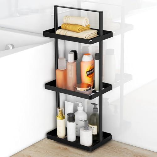 STWWO 3 Tier Bathroom Counter Organizer, Vanity Organizer for Bathroom Corner Shelf, Metal Standing Shower Caddy with Handle, Countertop Storage Rack for Kitchen, Bathtub, Black