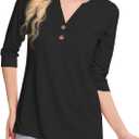 Dimur Womens Tops 3/4 Sleeve V Neck Button Down Shirts Business Casual Outfits Basic Tees Summer Top 2026 (Medium, Black)