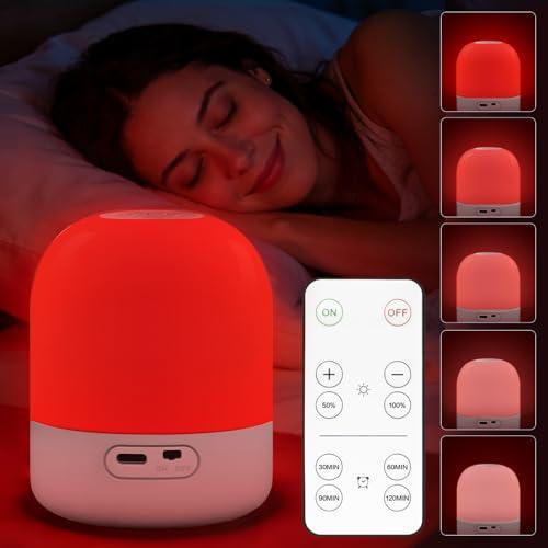 670nm Red Light for Sleep, 100% Blue Light Blocking, 360° Red Night Light Lamp with Remote & Touch Control, Dimmable, 4 Timers, Melatonin Promoting Natural Sleep Aid for Bedside Bedroom, Baby Nursery