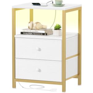 BOLUO White and Gold Nightstand with Charging Station, LED Night Stand with 2 Fabric Drawers, Bedside Table with USB Ports and Outlets, Nightstand for Bedroom Modern, 11.8"D x 15.7"W x 23.6"H(2 drawers)