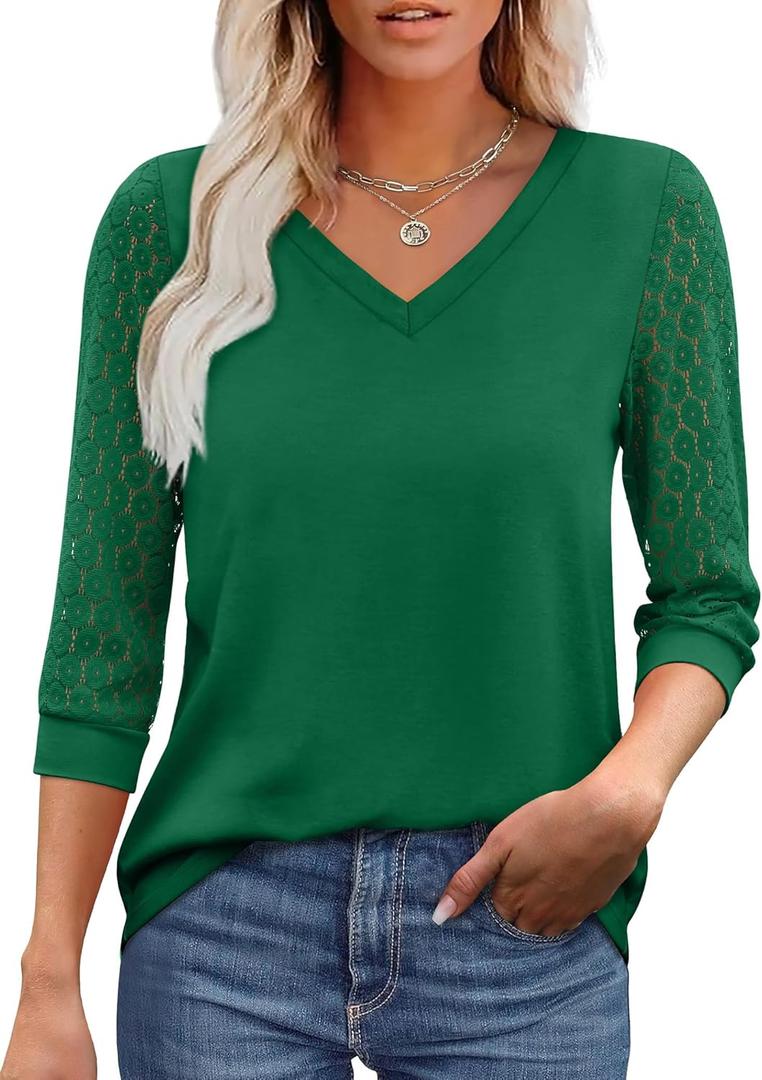 XIEERDUO 3/4 Length Sleeve Womens Tops V-Neck Lace Tunic Tops Business Casual Outfits Work Blouses Dressy 2026 (Medium, Green)