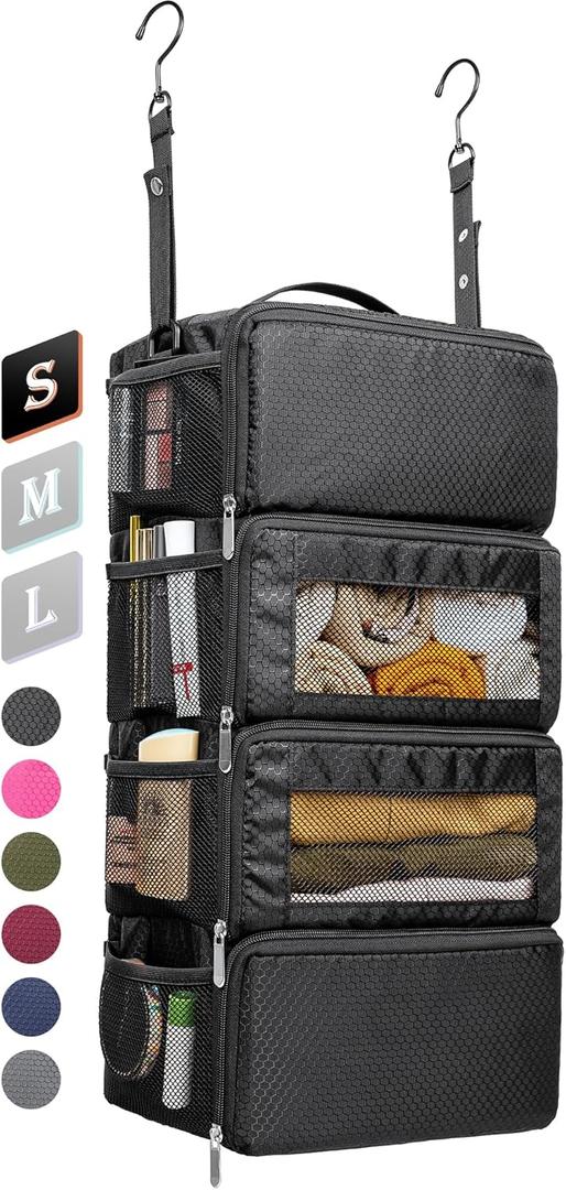Suitcase Organizer, Travel Luggage Organizer Hanging Shelves Packing Cube Closet/Collapsible Portable Travel Organizer for Carry-on (Small, Black-S-4 Tier)