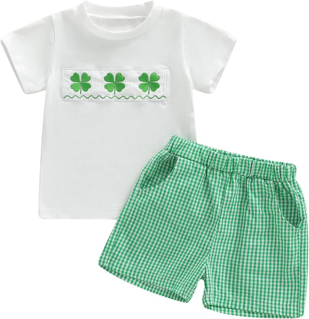 Toddler Baby Boy St Patrick's Day Outfit Clover Embroidery Short Sleeve T Shirt and Plaid Shorts 2 Piece Clothes Set