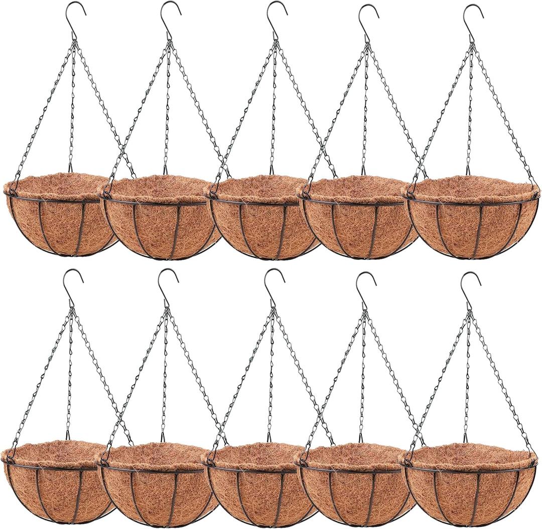 LaLaGreen Hanging Baskets for Plants Outdoor (10 Pack, 16 Inch) Extra Large Hanging Planter with Coco Liner, Round Metal Wire Flower Pot Holder Hanger Deck Porch Garden Balcony Natural Country Decor