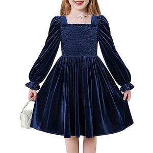 Arshiner Toddler Velvet Dress Girls Smocked Square Neck Puff Long Sleeve Party Dresses with Pockets 3-8Y