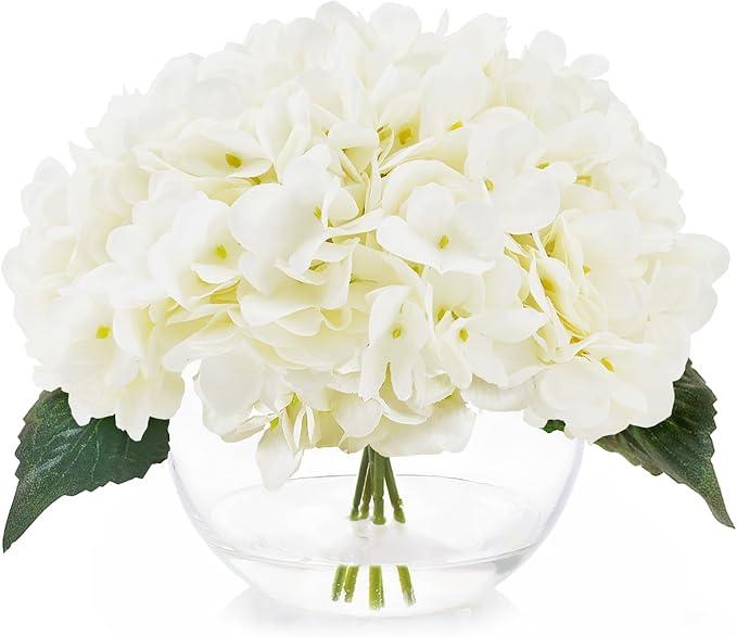 Faux Hydrangea Flowers in Vase, Small Silk Flowers in Vase with Fake Water for Home Decor Wedding Table (Cream)