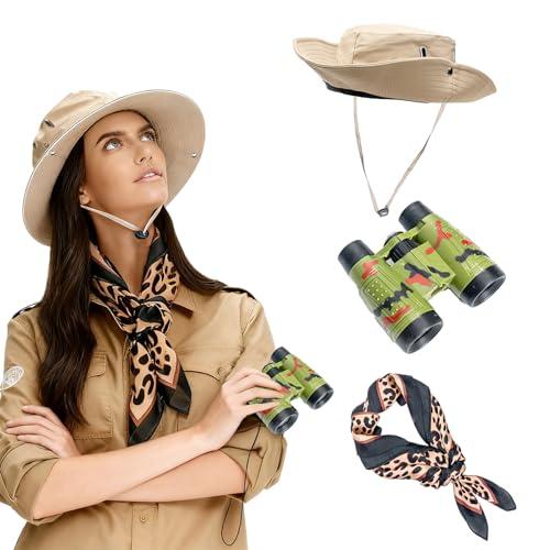 Safari Adventure Set with Binoculars, Sun Hat, and Wild Animal Print Scarf