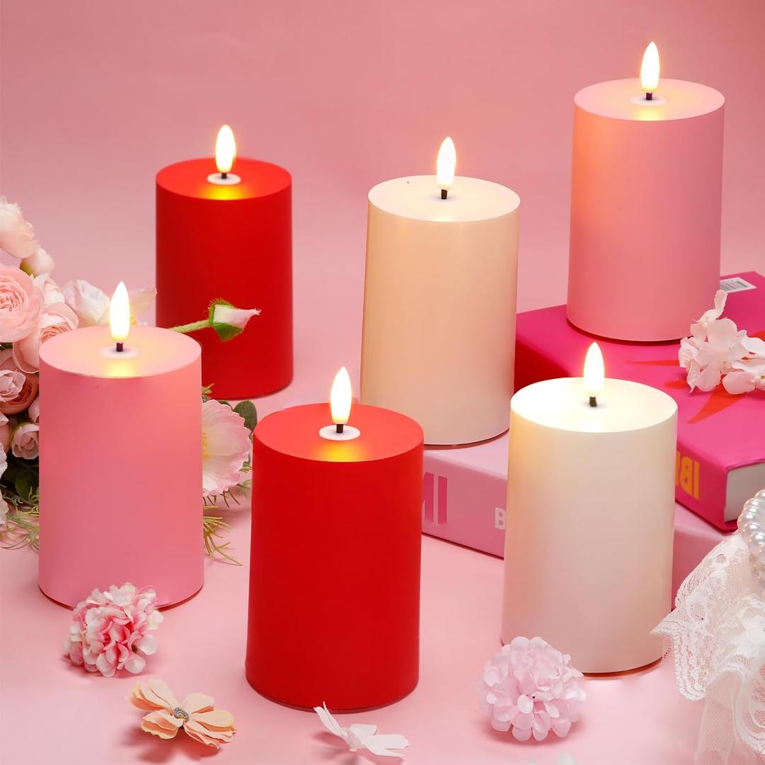 Tuanse 6 Pcs Valentine's Day LED Flameless Candles 4.3" Battery Operated LED Lights Electric Decorative Pillar Candle for Wedding Party Romantic Decorations Room Decor Gifts(Red, Pink, White)