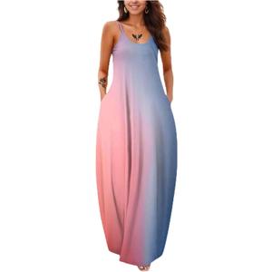 Women's Summer Maxi Dress Long Dress Casual Boho Sleeveless Strap Smocked Tiered Long Beach Sun Dresses (Pink, XL)