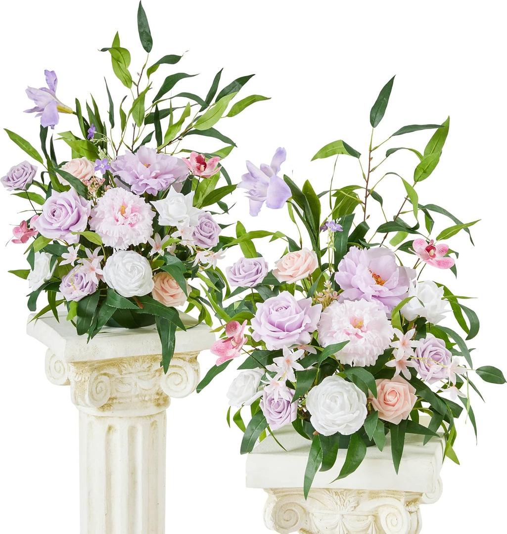 TINGE TIME Free-Standing Artificial Flower, Set of 2, Table Centerpiece with Rubber Pad, Silk Fake Flower for Wedding Centerpiece Archway Aisle Welcome Entrance (Purple&Pink)