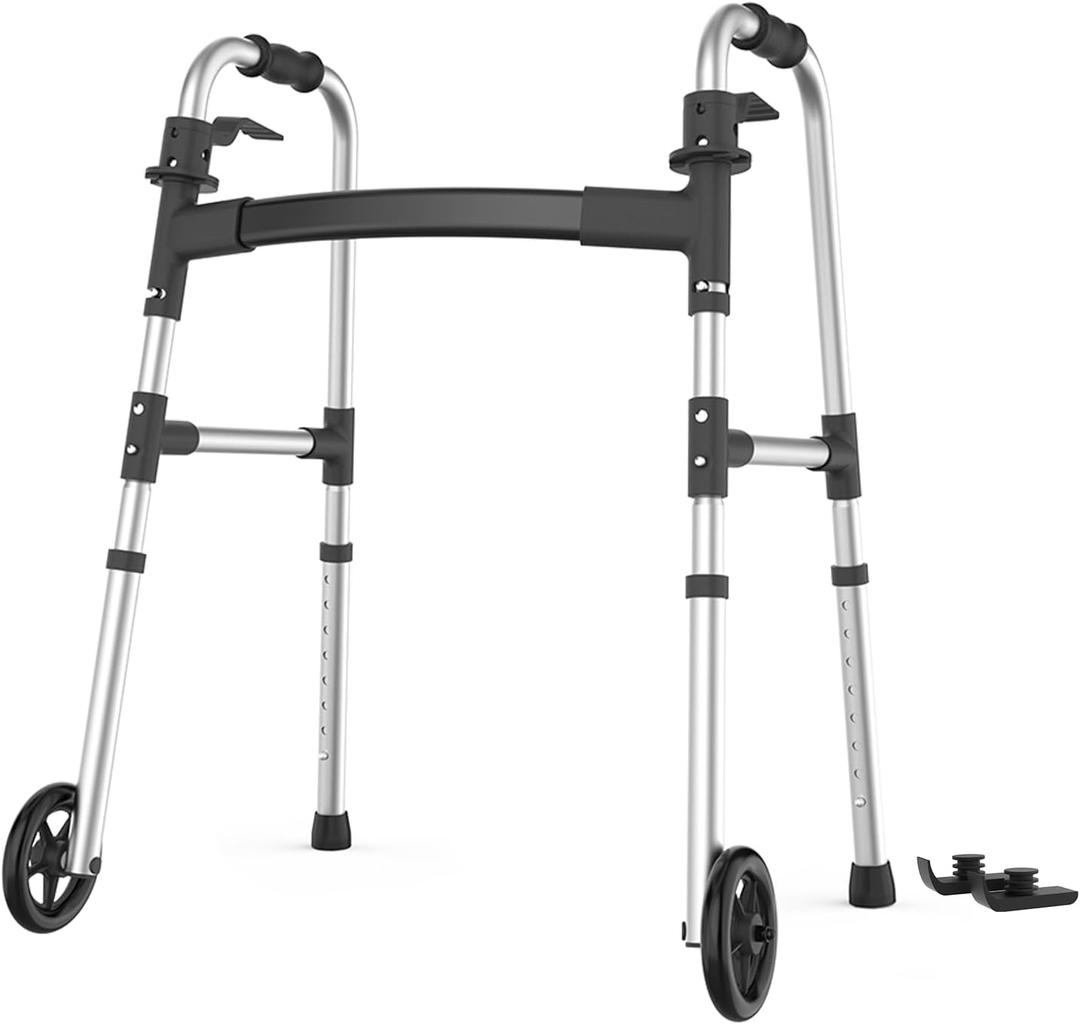 Loyoda Walkers for Seniors, Folding Walker with Ski Glides 5'' Front Wheel Medical Lightweight Walker Height Adjustable Aluminum Standard Walker for Handicap and Adults (Silver)