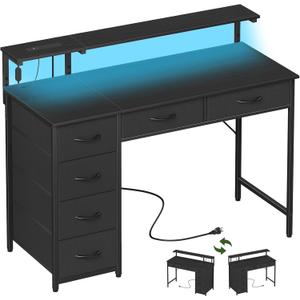 Somdot Computer Desk with Power Outlet and LED Lights, Desk with 6 Drawers, 39 Inch