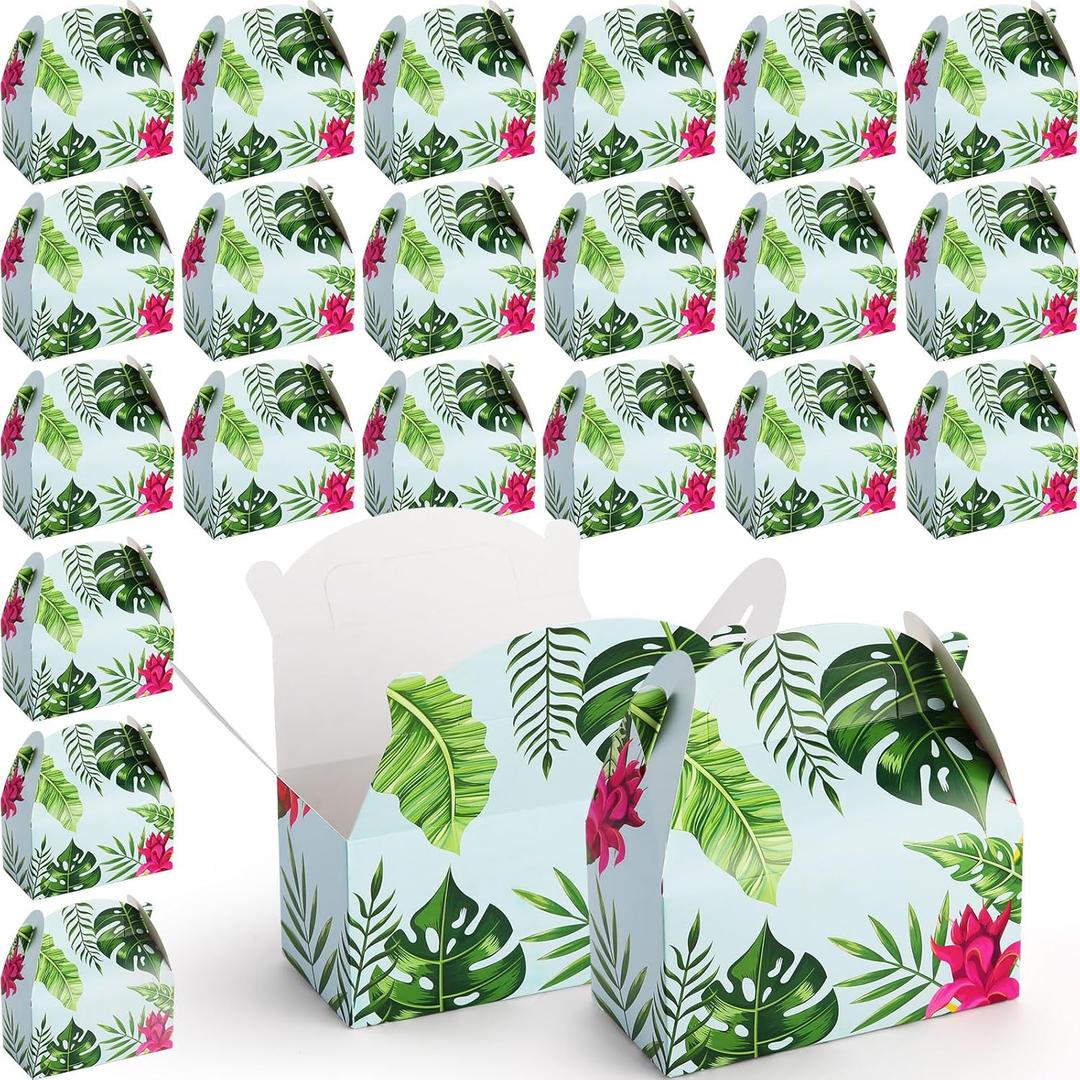 60 Pcs Luau Tropical Party Favor Boxes Hawaiian Themed Gable Gift Box Set Palm Leaves Hibiscus Candy Goodie Boxes Aloha Luau Party Supplies for Summer Treat Birthday, Floral Design, 6x3x3"