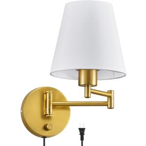 VONLUCE Swing Arm Wall Lamp, Plug in & Hardwired Wall Sconce, Adjustable Wall Mounted Lighting Fixture, Modern Wall Light with Golden Base White Fabric Shade for Bedside, Hallway, Reading