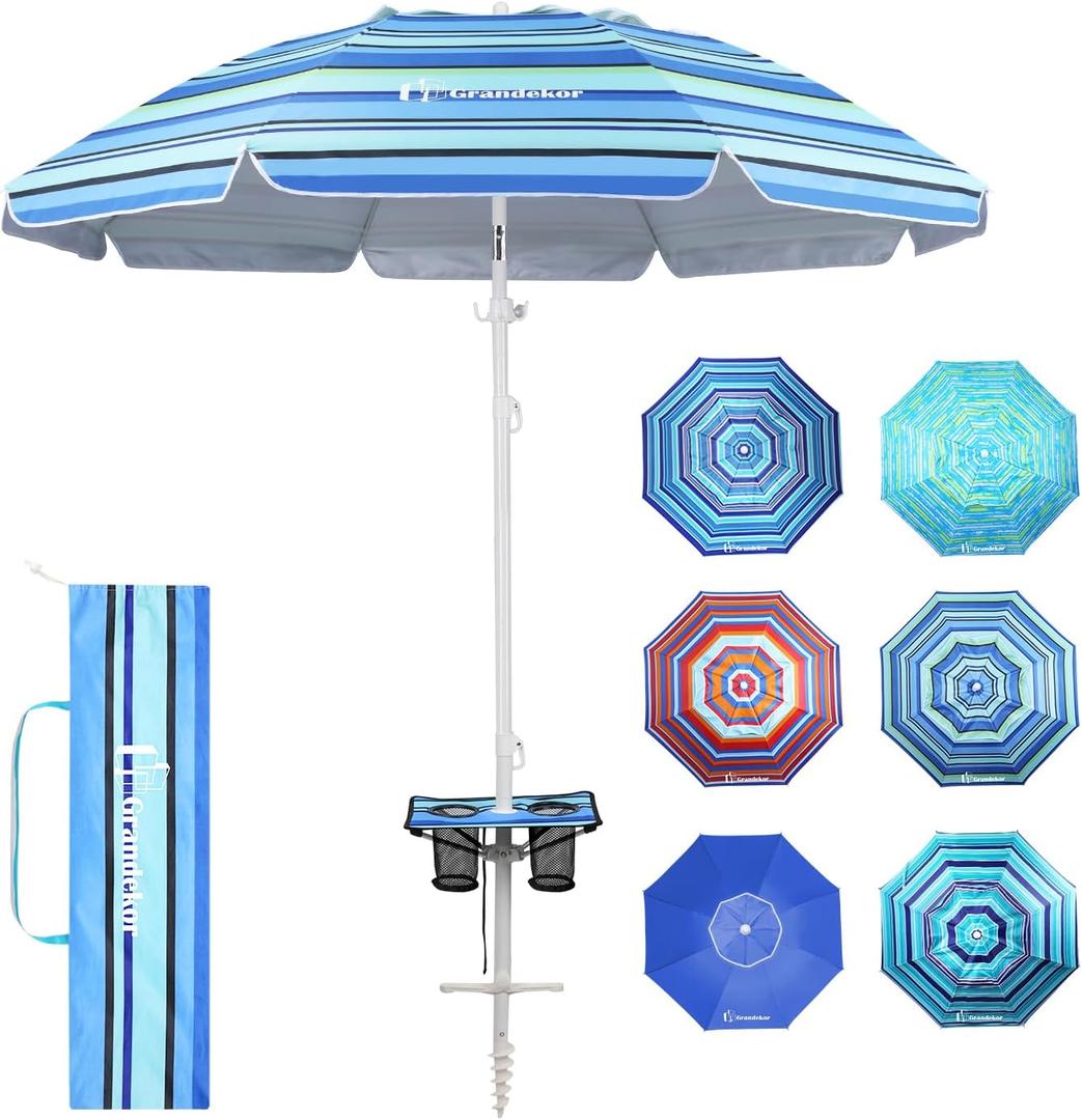 Grandekor 7FT Beach Umbrellas for Sand Heavy Duty Wind Portable Beach Umbrella with Table Travel Beach Umbrella with Carry Bag Sun Umbrella Beach, UV 50+ (Blue&Green)