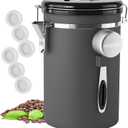HAIOOU Airtight Coffee Canister, 22OZ Large Stainless Steel Coffee Bean Storage Container with Date Tracker, Measuring Scoop, CO2 Releasing Valves and Mini Tongs for Beans, Grounds and more - Gray