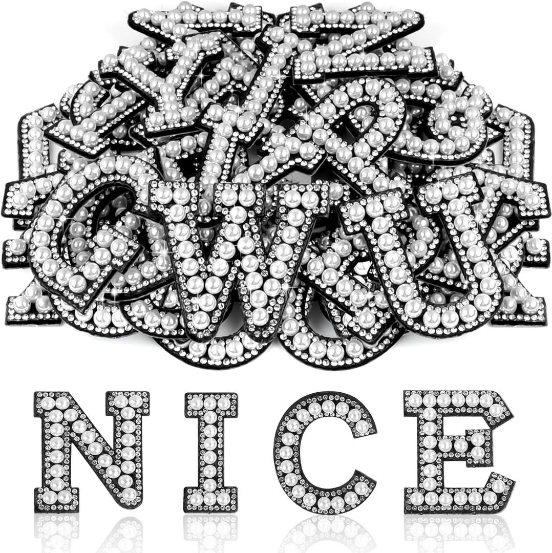 ASTARON 52 Pcs Self Adhesive Letter Patches Pearl Rhinestone Letter Stickers, Glitter Rhinestone Letters A-Z Embroidered Applique Patches Alphabet Cloth Patch for Clothes, Bags, Hat, Phone Case, DIY (1.8 inches)