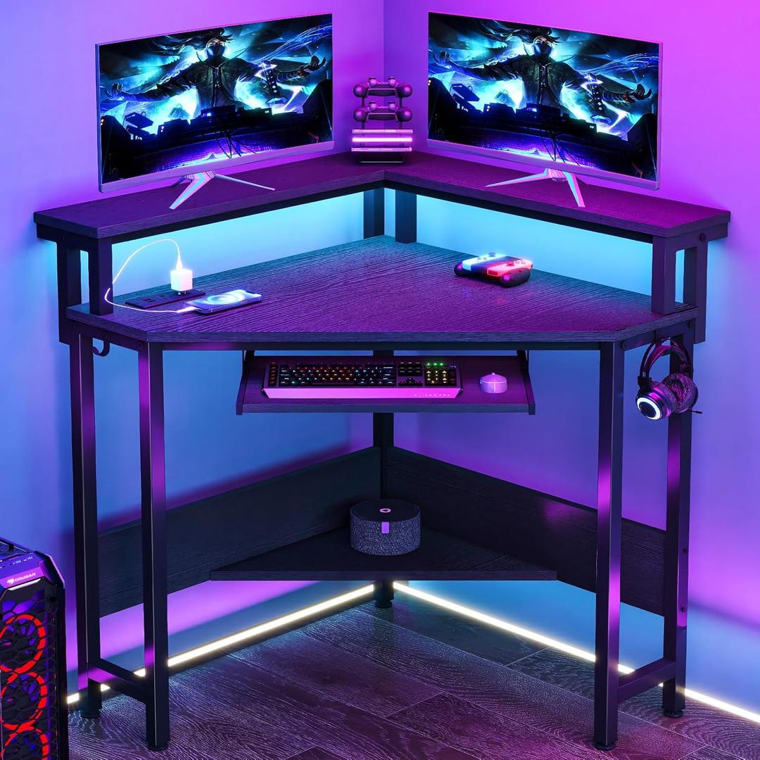 DUMOS Conner Desk Home Office Computer Desk for Small Space with LED Lights Gaming Table with Storage Shelves Power Outlets Monitor Stand Keyboard Tray for Bedroom, Black (31 IN)