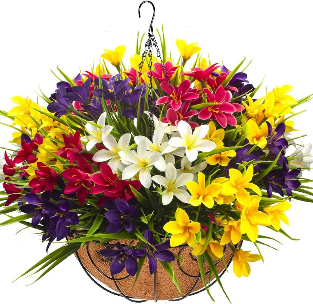 Grunyia Artificial Outdoor Flowers, 12 Bundle Mixed Colors with Hanging Basket, UV Resistant Decorative Flowers for Porch, Patio, Yard
